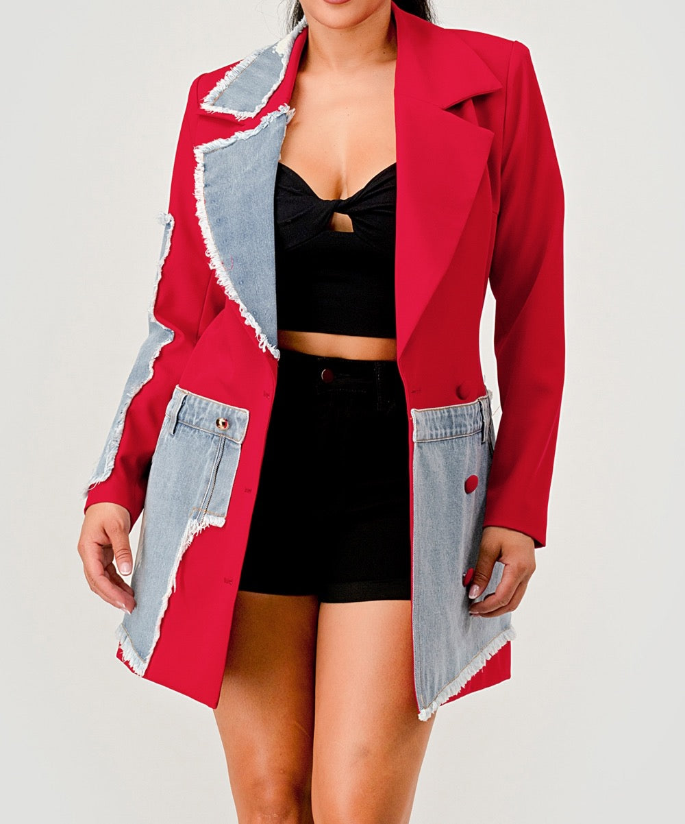Plus size mixed denim casual blazer