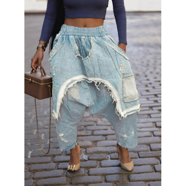 Women’s Harem Jeans Baggy Cargo Hippie Patchwork Denim Pants