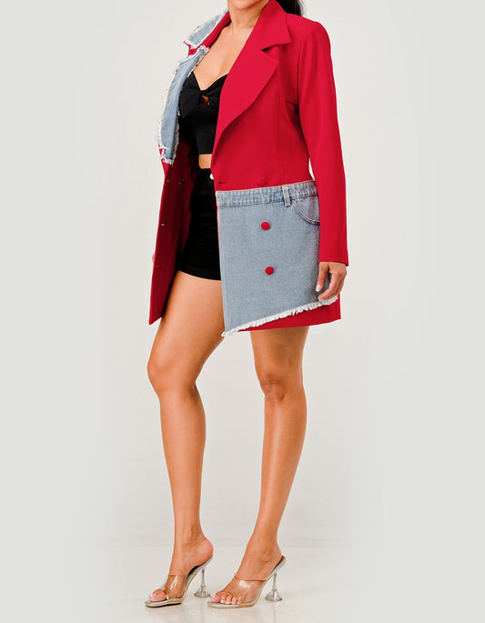 Plus size mixed denim casual blazer